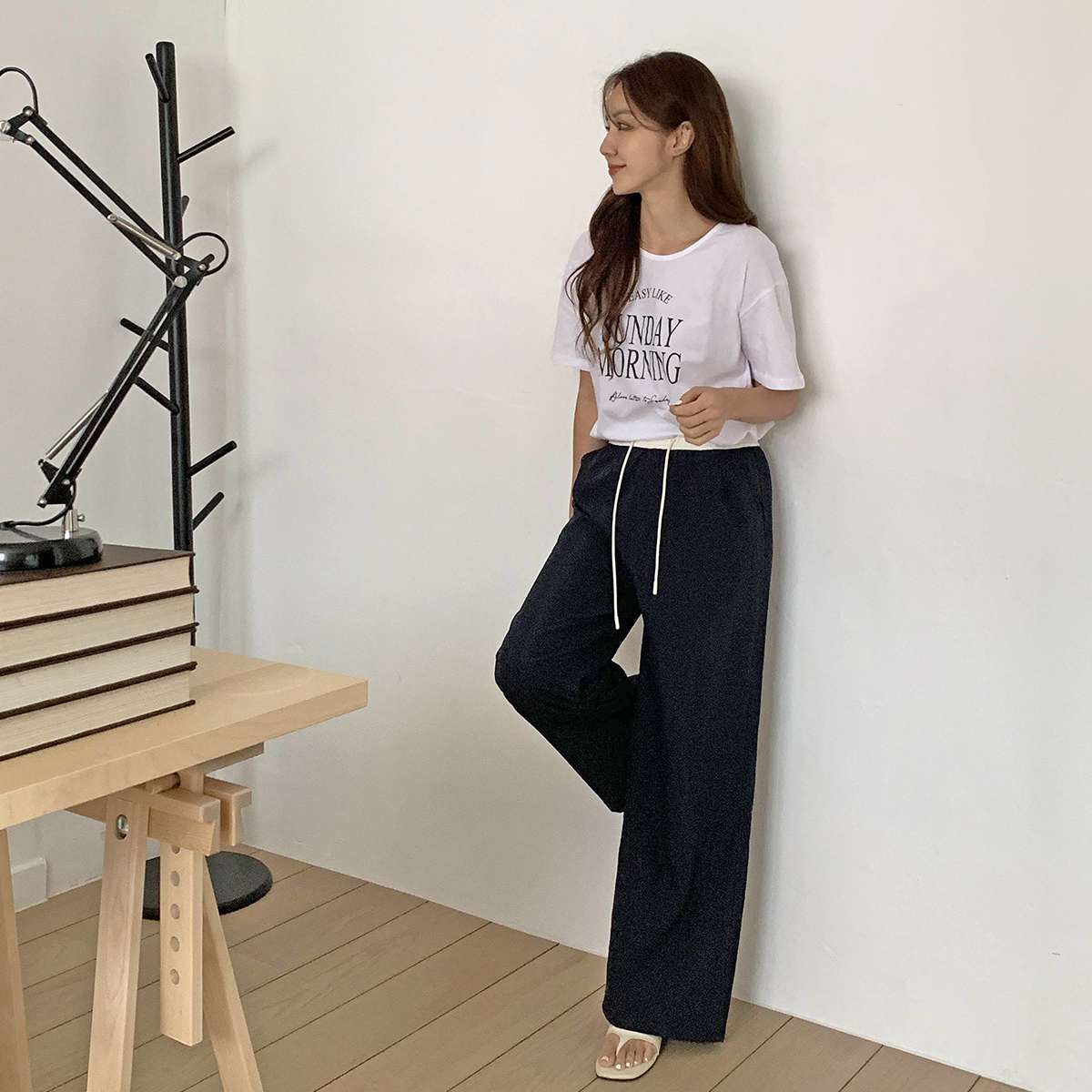 ドローストリングウエストゴムロング刺繍ワイド配色パンツ