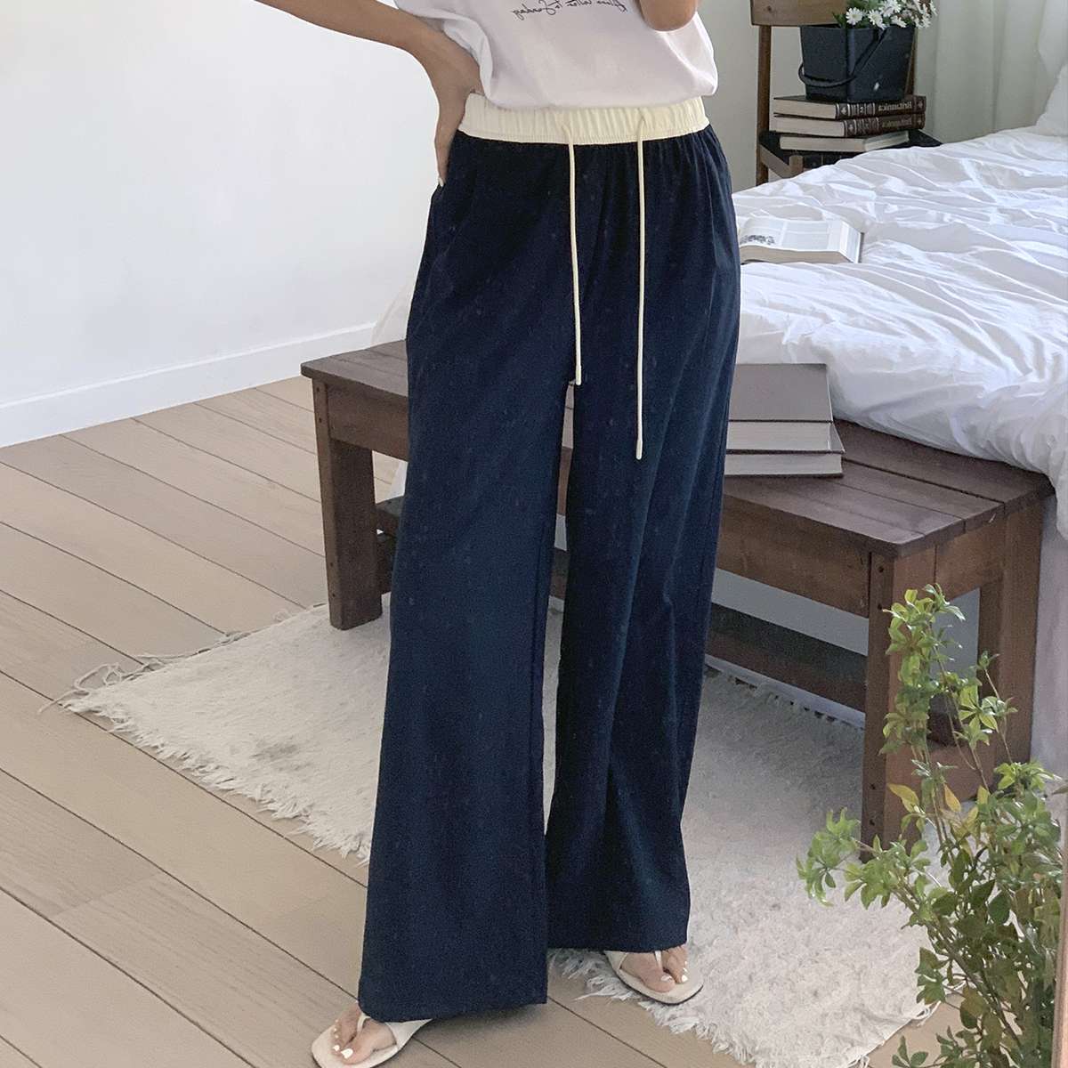 ドローストリングウエストゴムロング刺繍ワイド配色パンツ