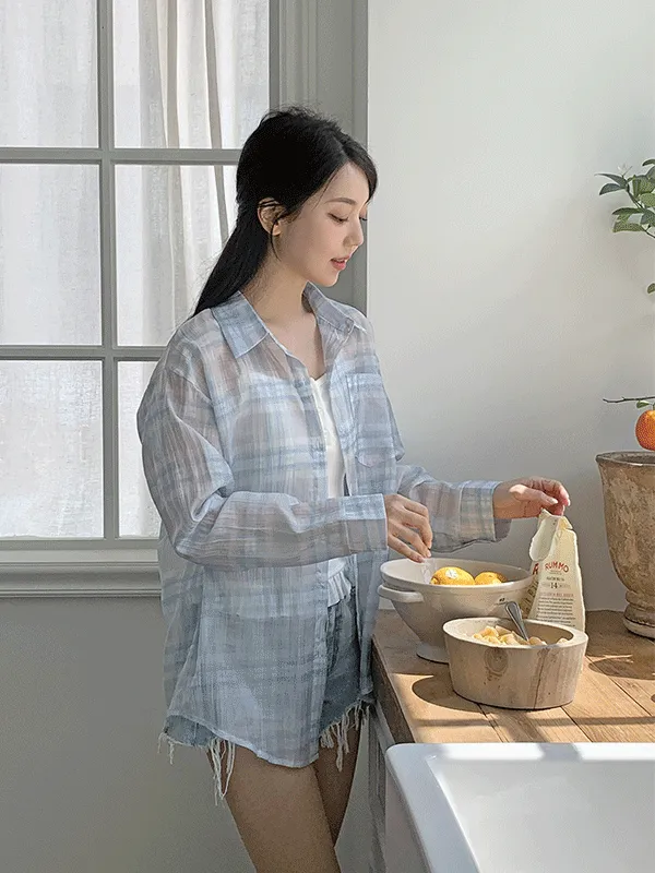 シースルーオーバーサイズ長袖チェックシャツ | lindashop | 詳細画像1