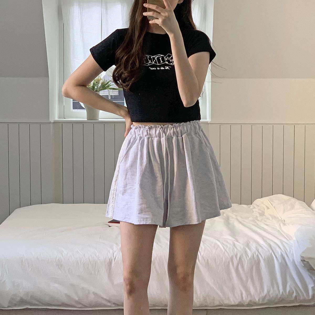 ウエストゴムドローストリングフレアトラックショートレースショート