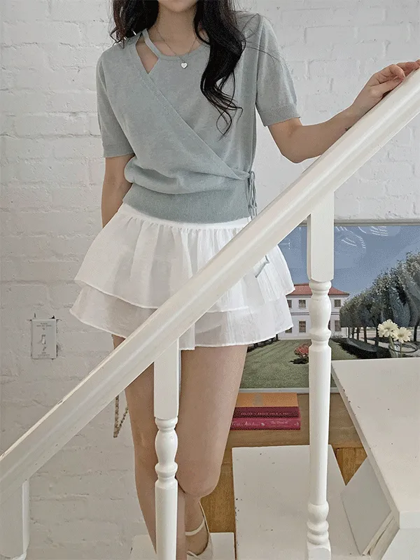 アンバランスネックドローストリングラップスリムアンバランス半袖ニット | lindashop | 詳細画像1