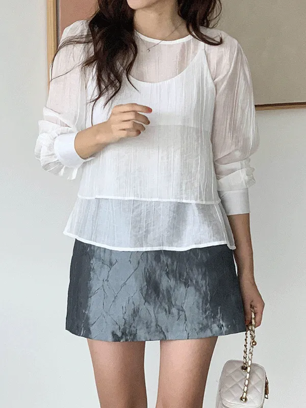 シースルー長袖バックストラップリンクルレイヤードアンサンブルブラウスビスチェ | lindashop | 詳細画像1