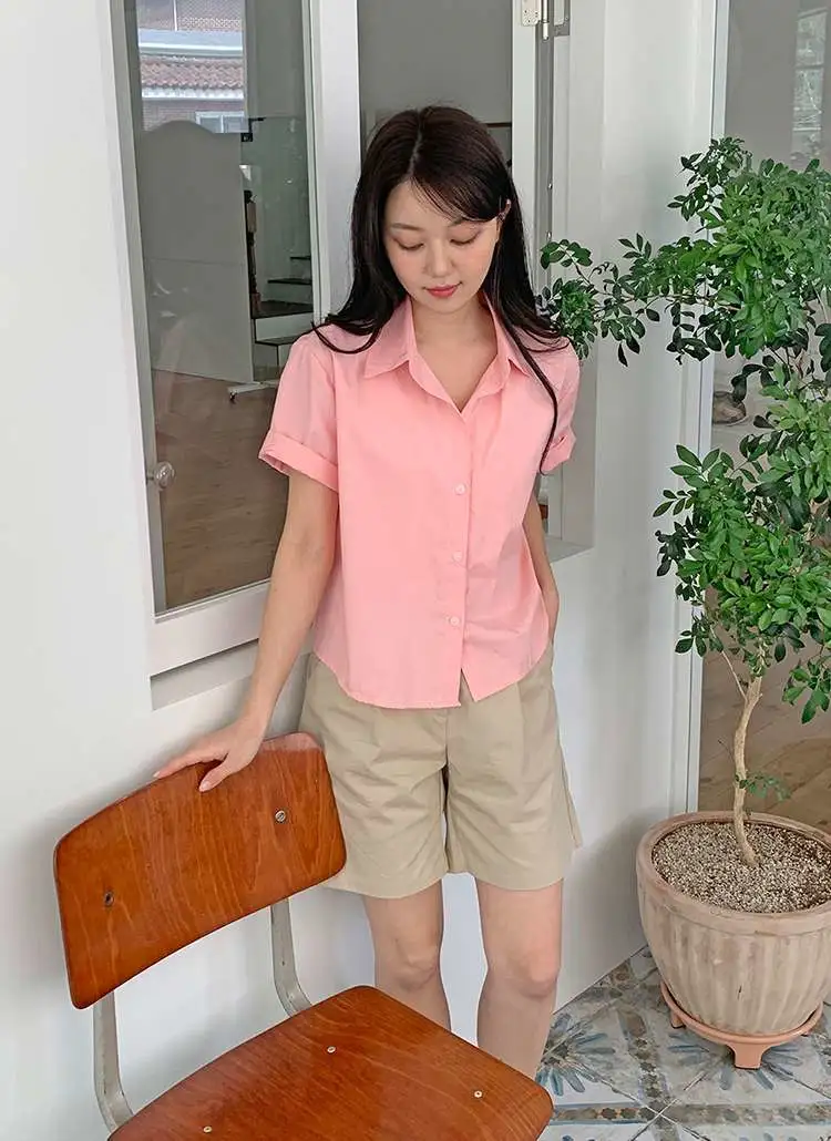 コットンクロップド半袖ルーズシャツ | lindashop | 詳細画像1