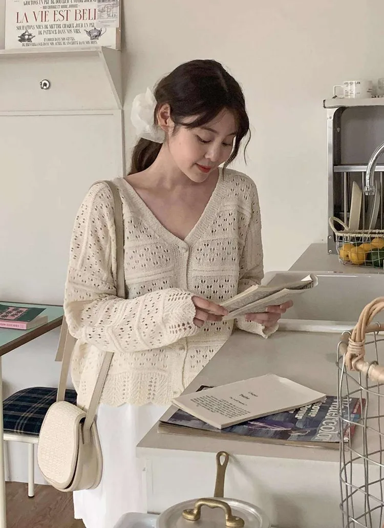 ニットシースルー長袖パンチングVネックカーディガン | lindashop | 詳細画像1