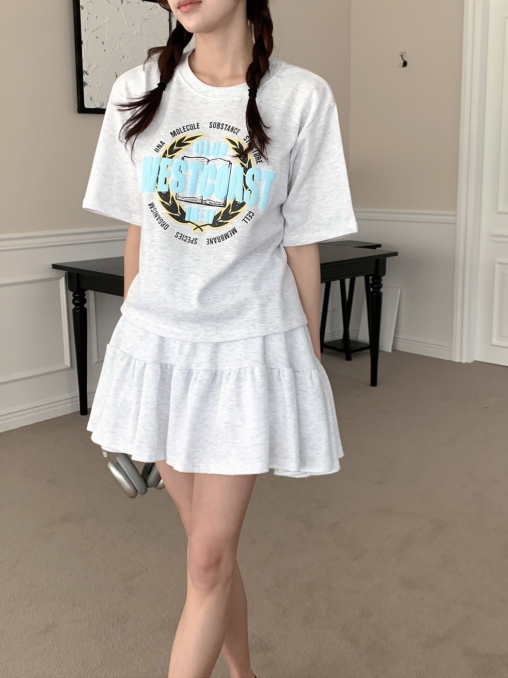ラウンドネックウエストゴム半袖ロゴセットアップTシャツスカートパンツ | 詳細画像2