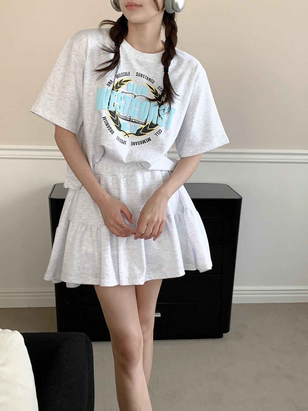 ラウンドネックウエストゴム半袖ロゴセットアップTシャツスカートパンツ | 詳細画像3