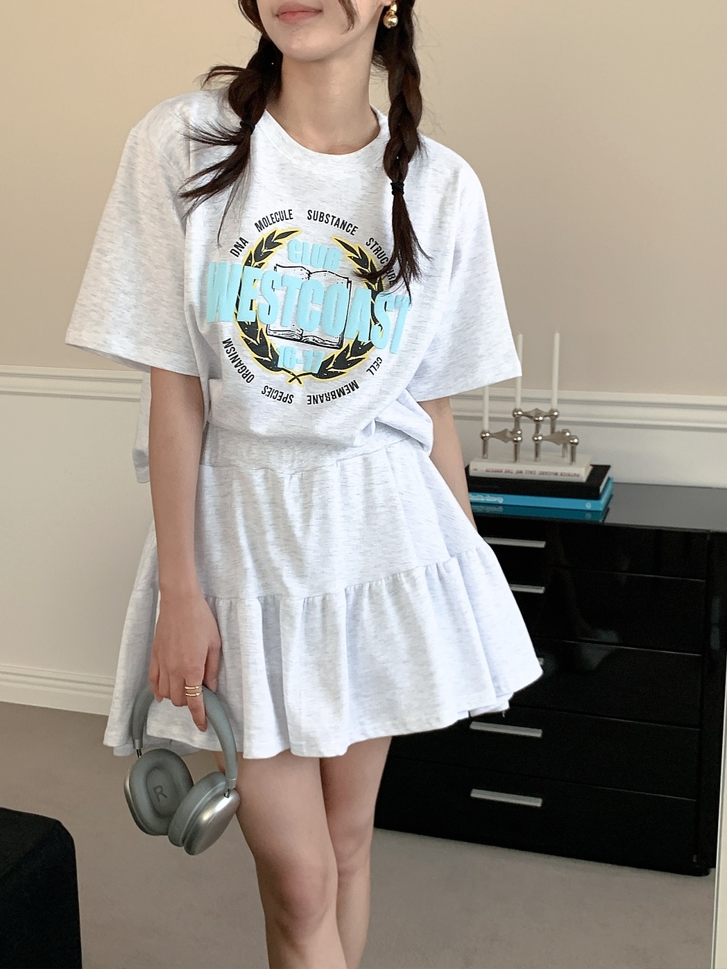 ラウンドネックウエストゴム半袖ロゴセットアップTシャツスカートパンツ | 詳細画像4