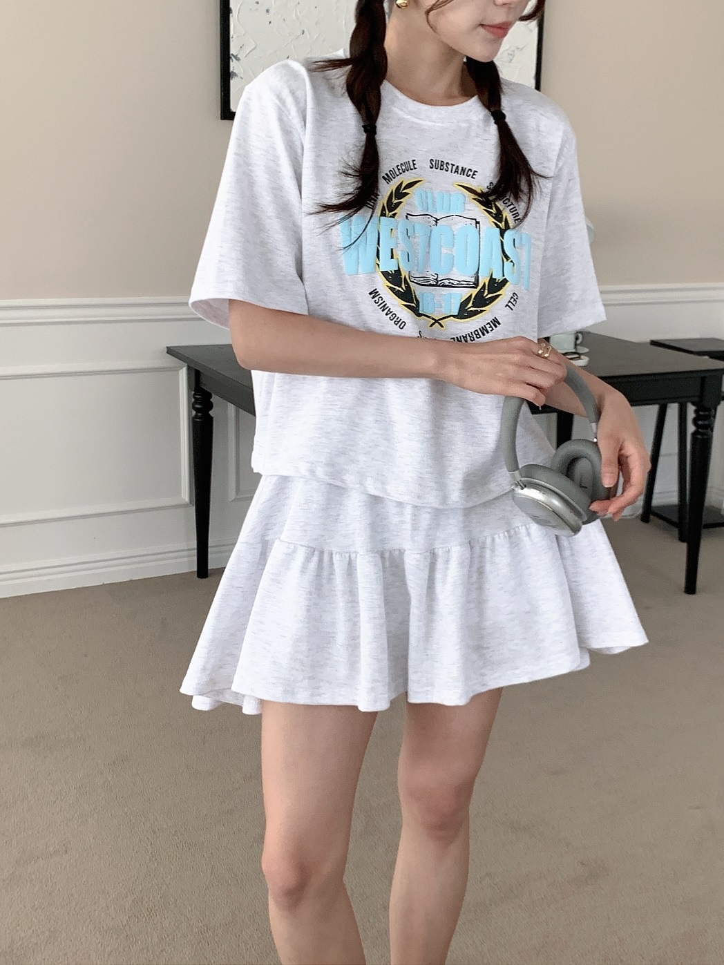 ラウンドネックウエストゴム半袖ロゴセットアップTシャツスカートパンツ | 詳細画像6