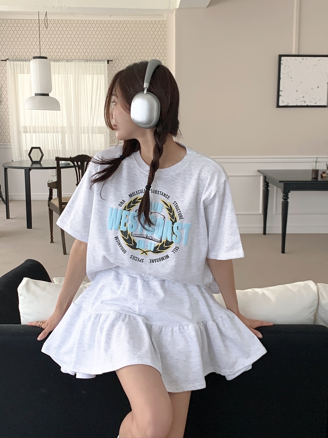 ラウンドネックウエストゴム半袖ロゴセットアップTシャツスカートパンツ | 詳細画像7