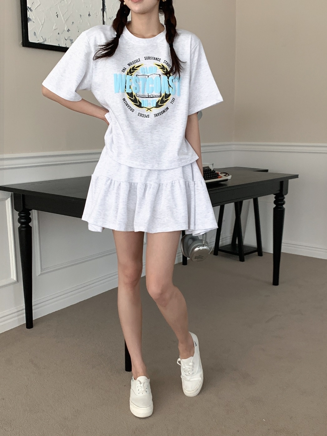 ラウンドネックウエストゴム半袖ロゴセットアップTシャツスカートパンツ | 詳細画像10
