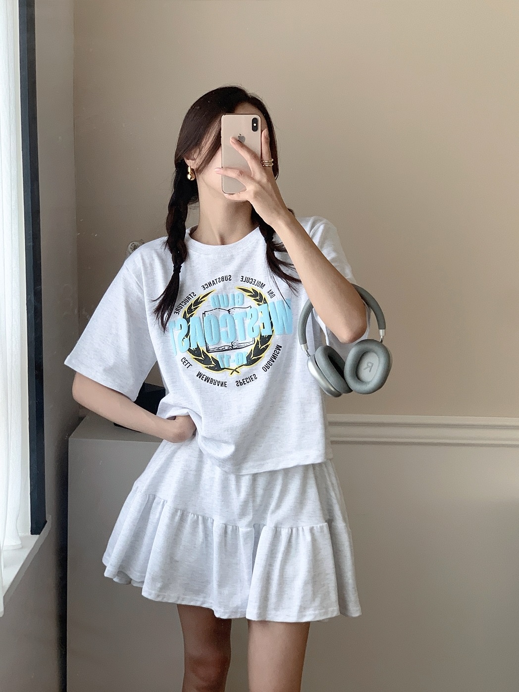 ラウンドネックウエストゴム半袖ロゴセットアップTシャツスカートパンツ | 詳細画像11