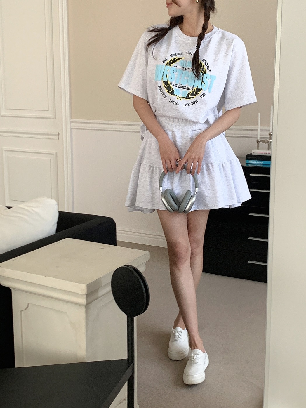 ラウンドネックウエストゴム半袖ロゴセットアップTシャツスカートパンツ | 詳細画像12