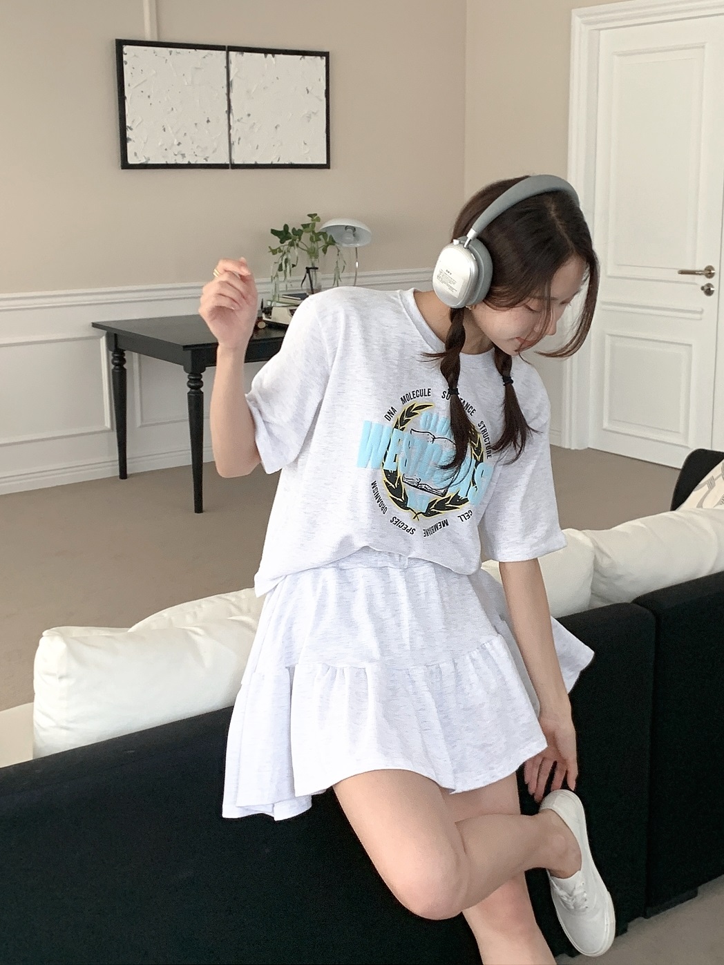 ラウンドネックウエストゴム半袖ロゴセットアップTシャツスカートパンツ | 詳細画像13