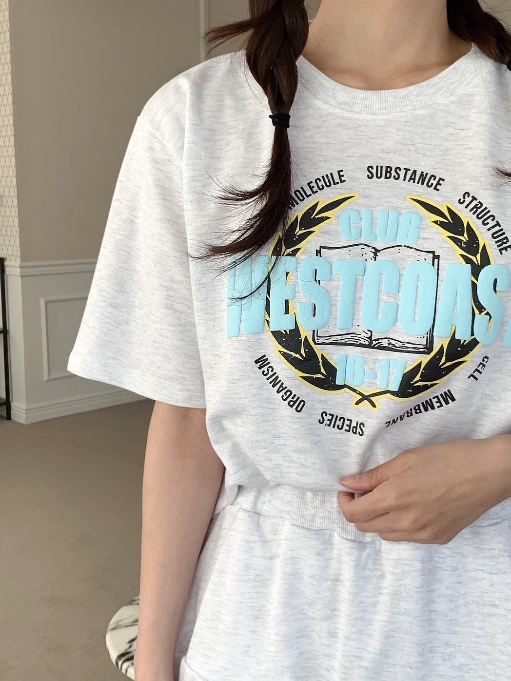 ラウンドネックウエストゴム半袖ロゴセットアップTシャツスカートパンツ | 詳細画像14