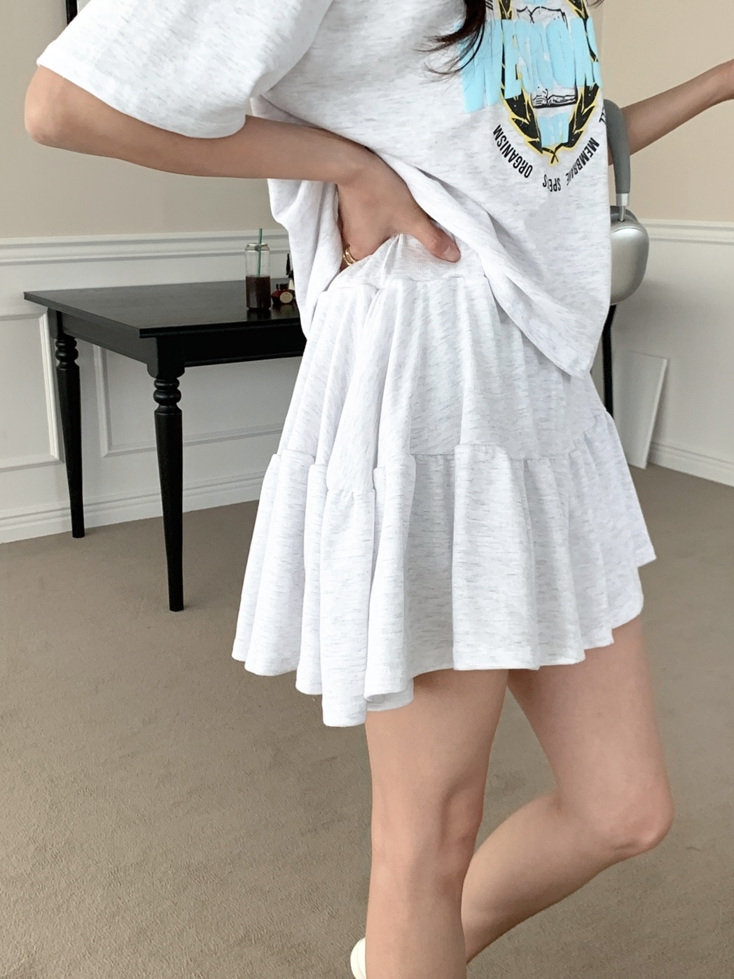 ラウンドネックウエストゴム半袖ロゴセットアップTシャツスカートパンツ | 詳細画像15