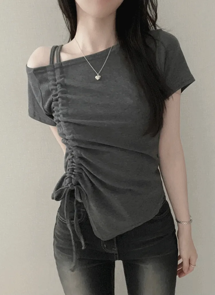 ワンショルダーシャーリングアンバランスネックTシャツ | NEEDON | 詳細画像1