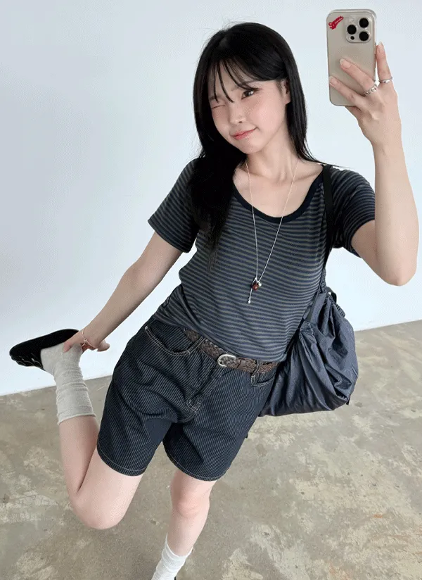 半袖Uネックラグランスリムボーダー配色Tシャツ | 66girls | 詳細画像1