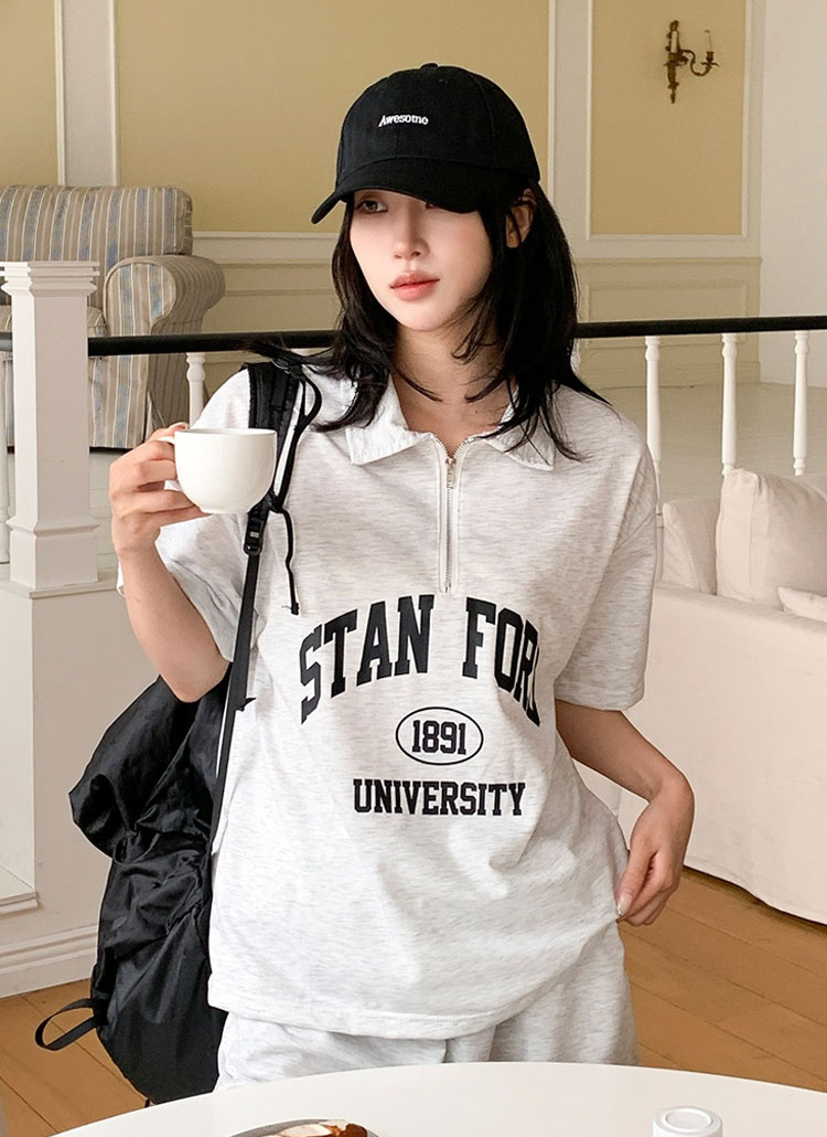 ハーフジップウエストゴム半袖レタリング夏セットアップTシャツ