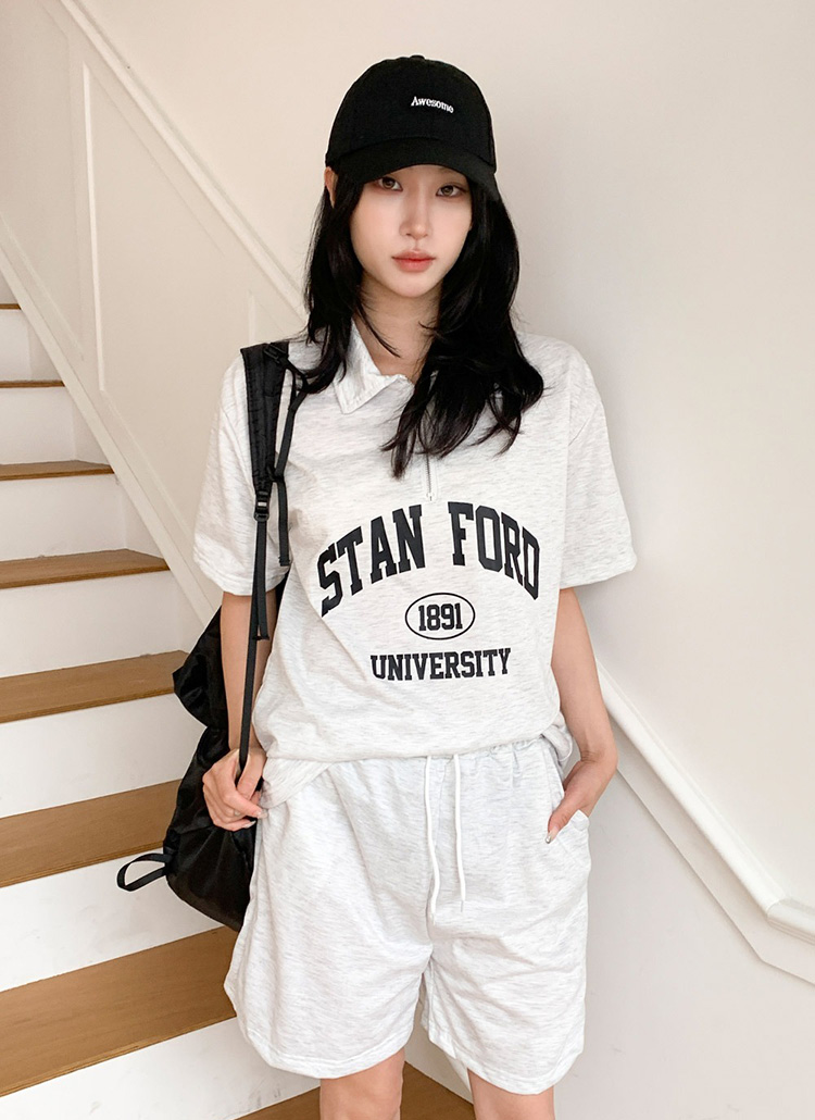 ハーフジップウエストゴム半袖レタリング夏セットアップTシャツ