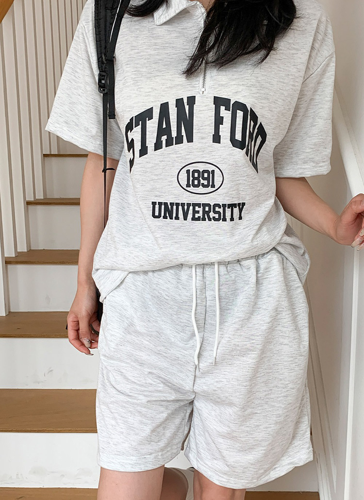 ハーフジップウエストゴム半袖レタリング夏セットアップTシャツ