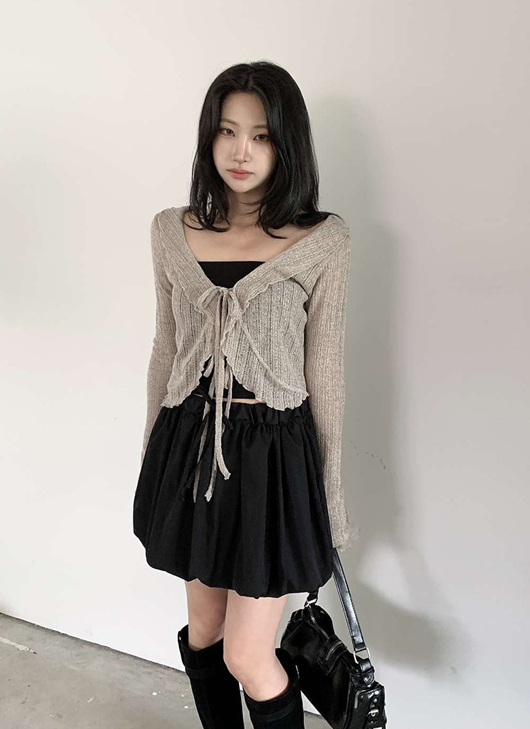 シースルーストラップフリルクロップドスリム長袖夏カーディガン