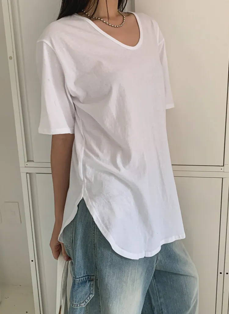 Uネックアンバランス半袖オーバーサイズラウンドネックTシャツ | chicblack | 詳細画像1