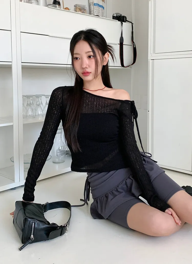 シースルーオフショルダーギャザーニット | chicblack | 詳細画像1