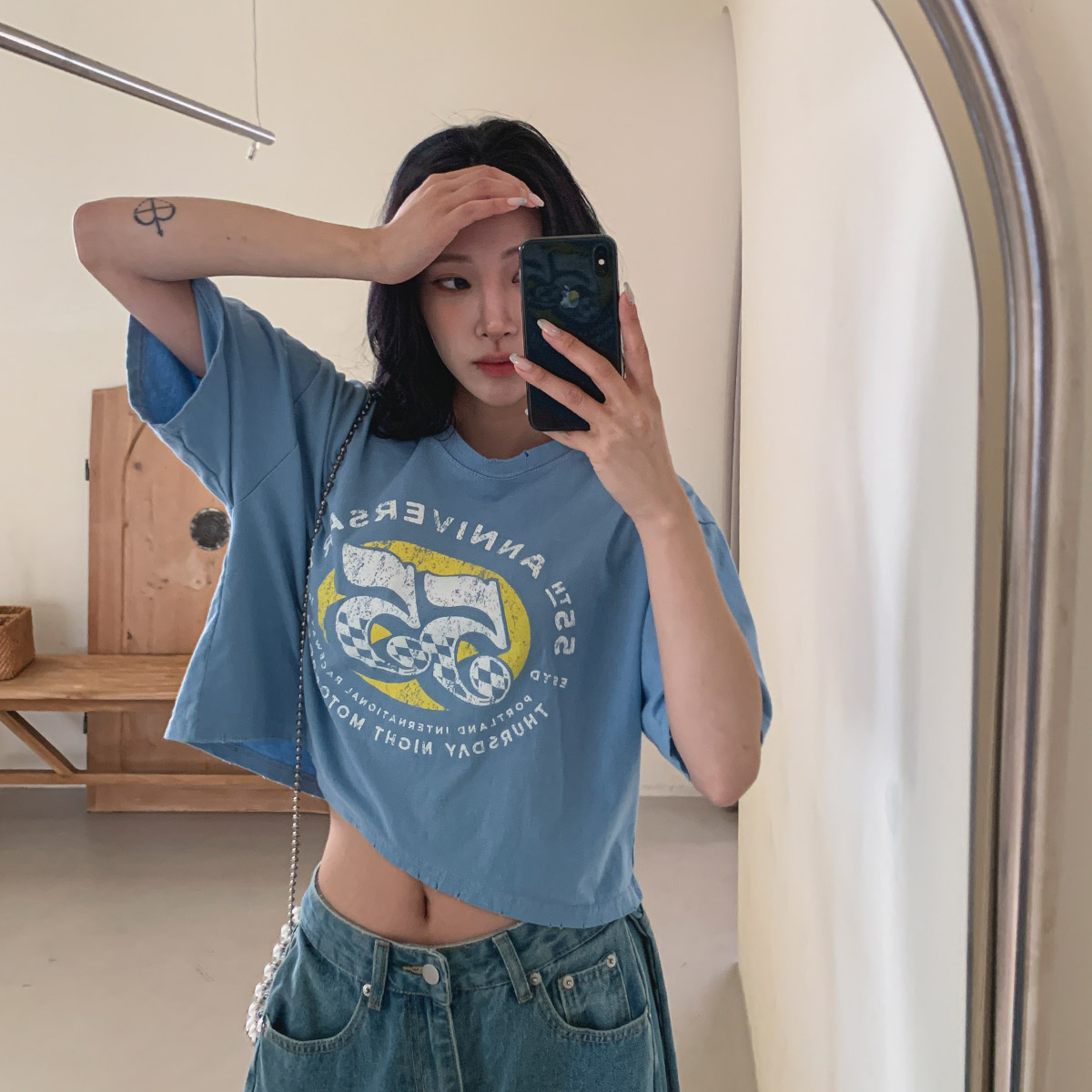 半袖オーバーサイズクロップドウォッシングビンテージロゴTシャツ