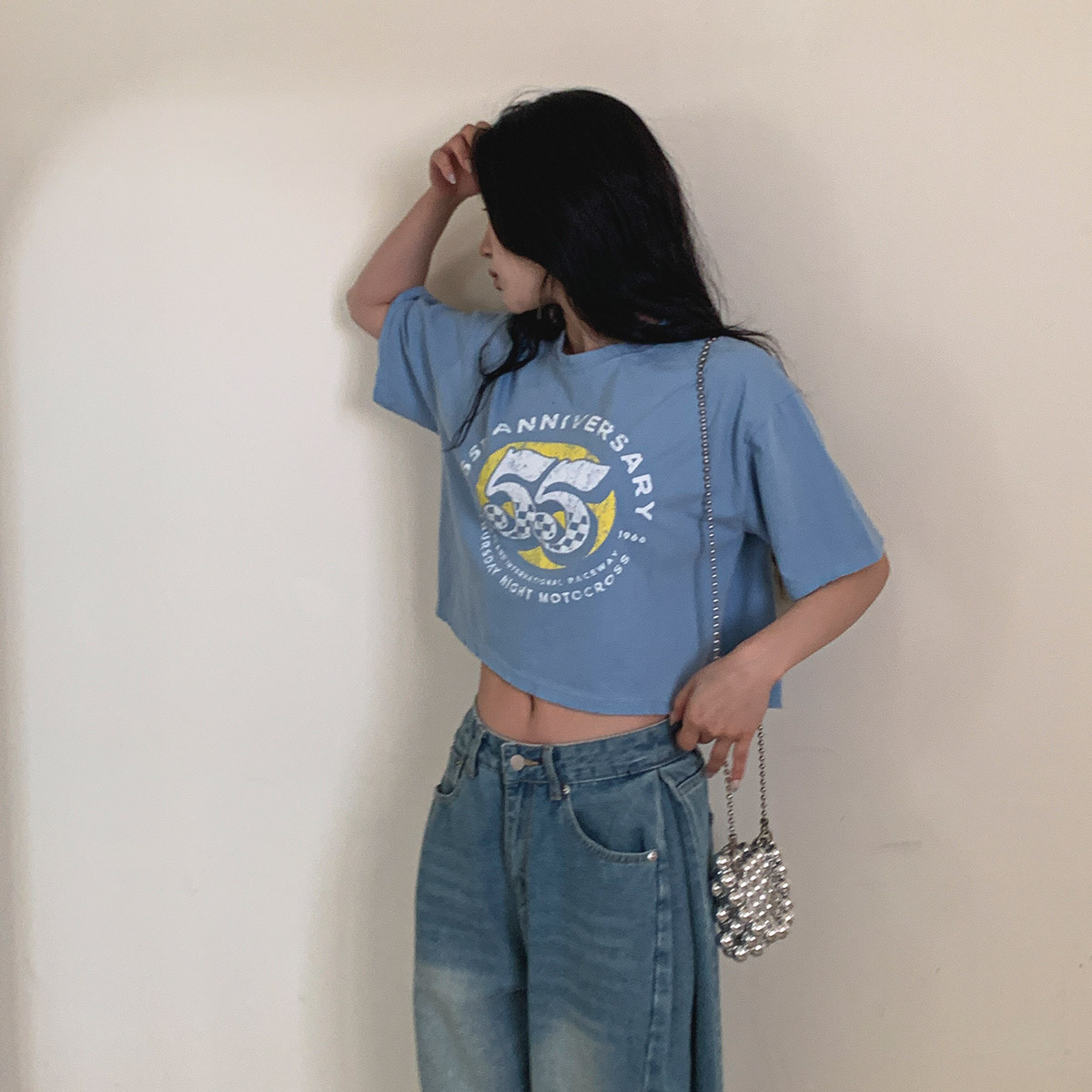 半袖オーバーサイズクロップドウォッシングビンテージロゴTシャツ