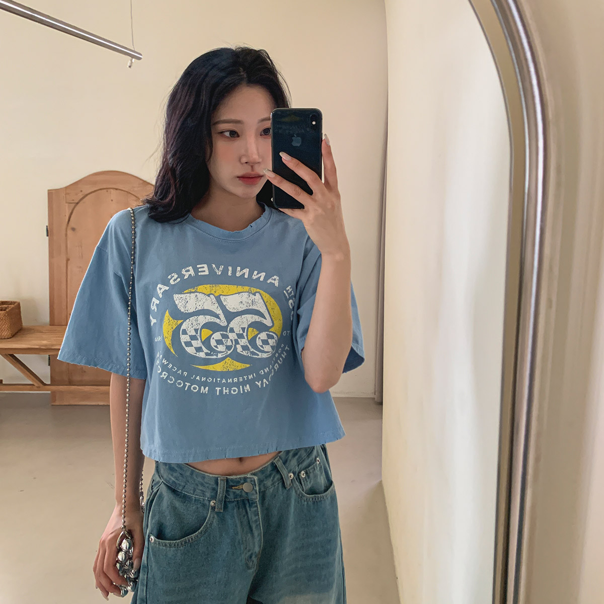 半袖オーバーサイズクロップドウォッシングビンテージロゴTシャツ