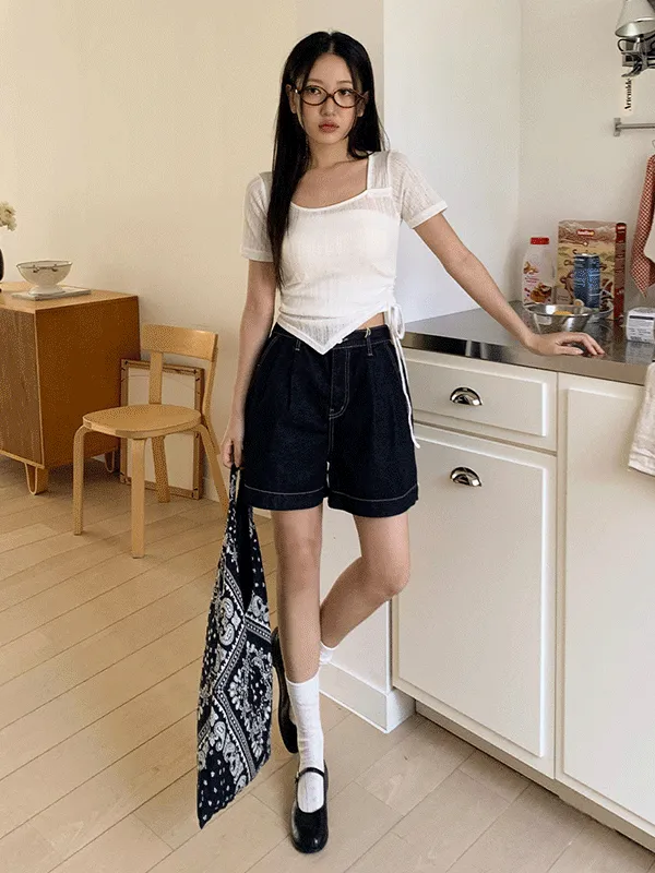ノンフェードデニムバックゴムピンタックステッチショートパンツ | chicblack | 詳細画像1