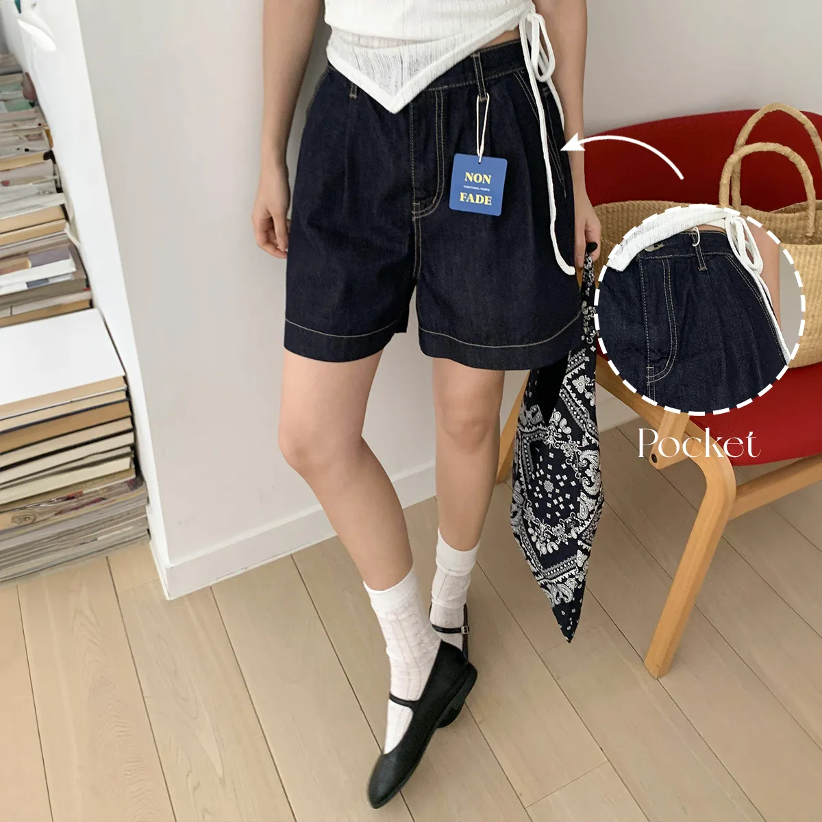 ノンフェードデニムバックゴムピンタックステッチショートパンツ | chicblack | 詳細画像2