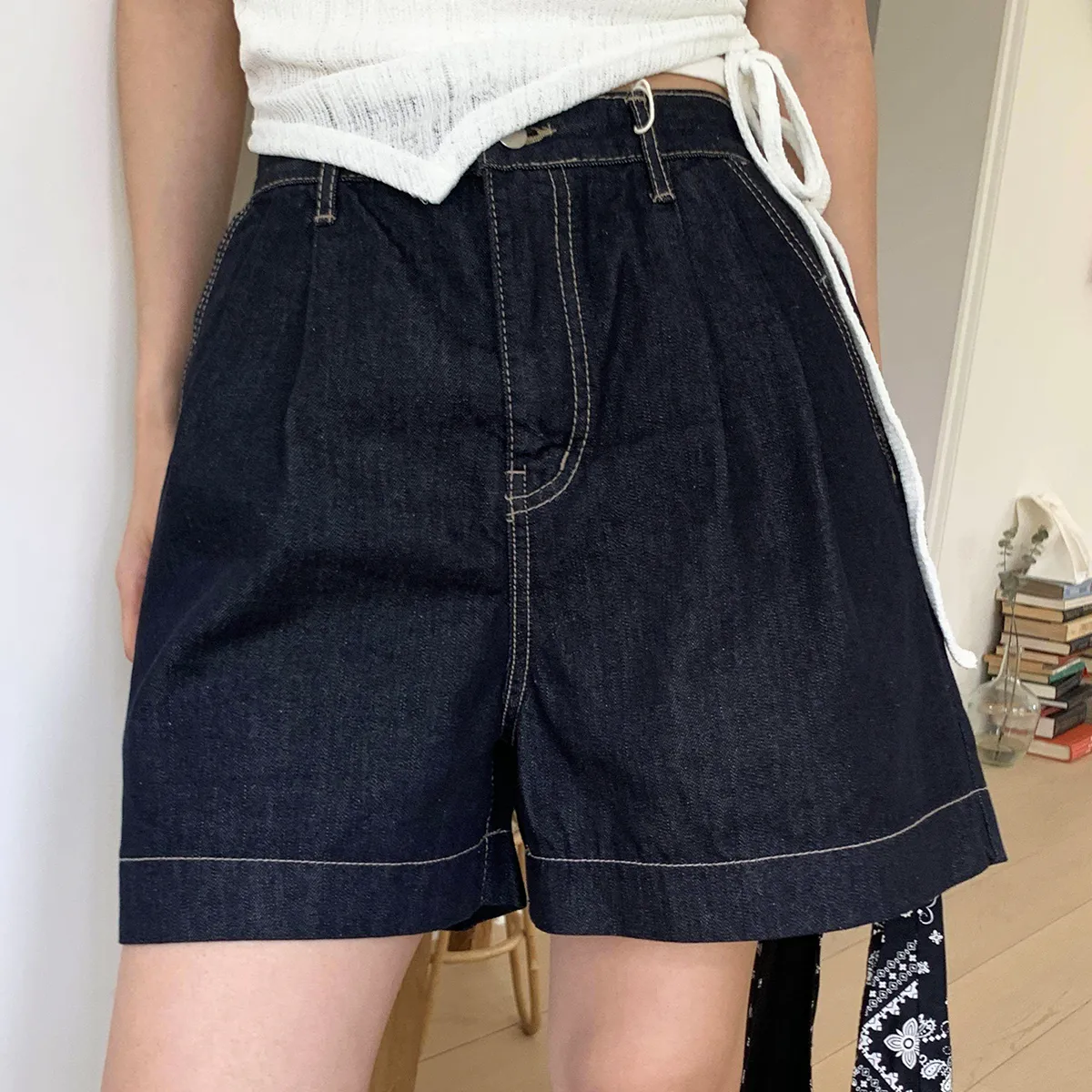 ノンフェードデニムバックゴムピンタックステッチショートパンツ | chicblack | 詳細画像4