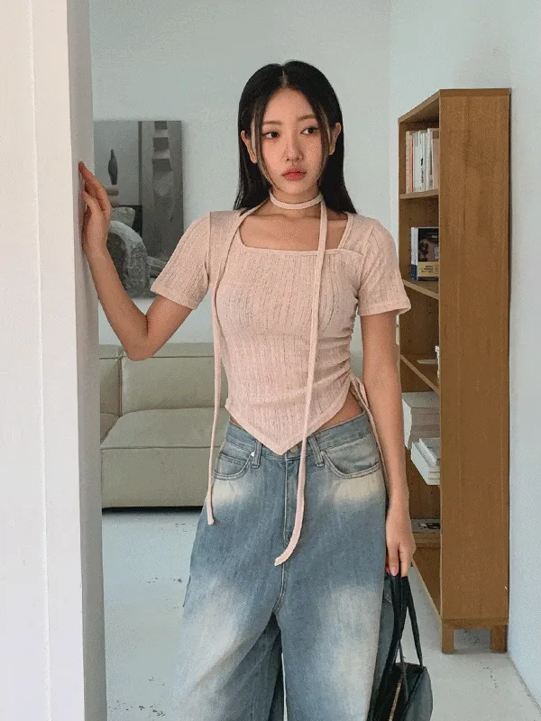 ストラップ付シャーリングスクエアネックアンバランス半袖Tシャツ | chicblack | 詳細画像1