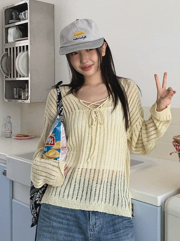 シースルードローストリングVネックルーズニット | chicblack | 詳細画像1