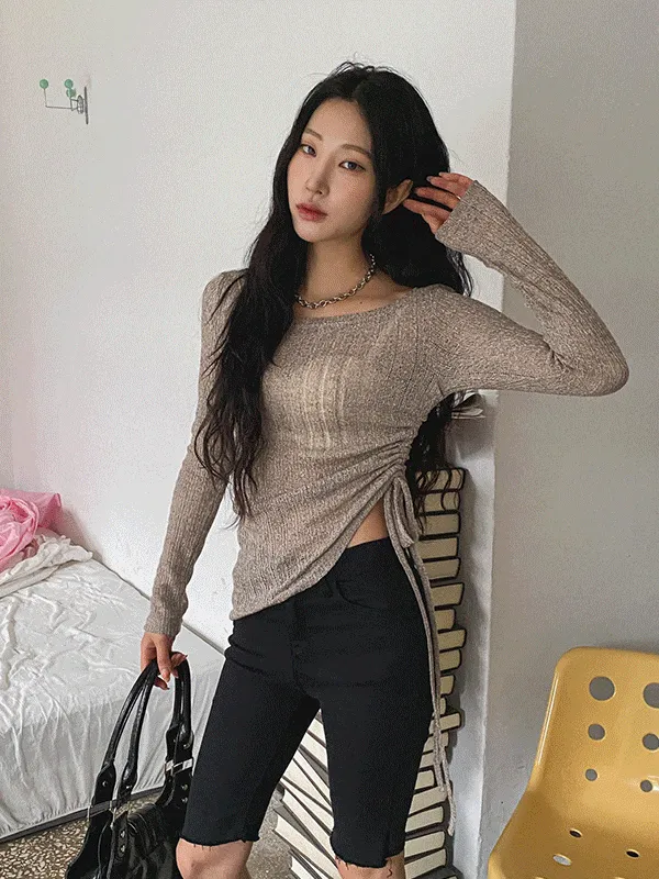 シースルーギャザードローストリングスリムニット | chicblack | 詳細画像1
