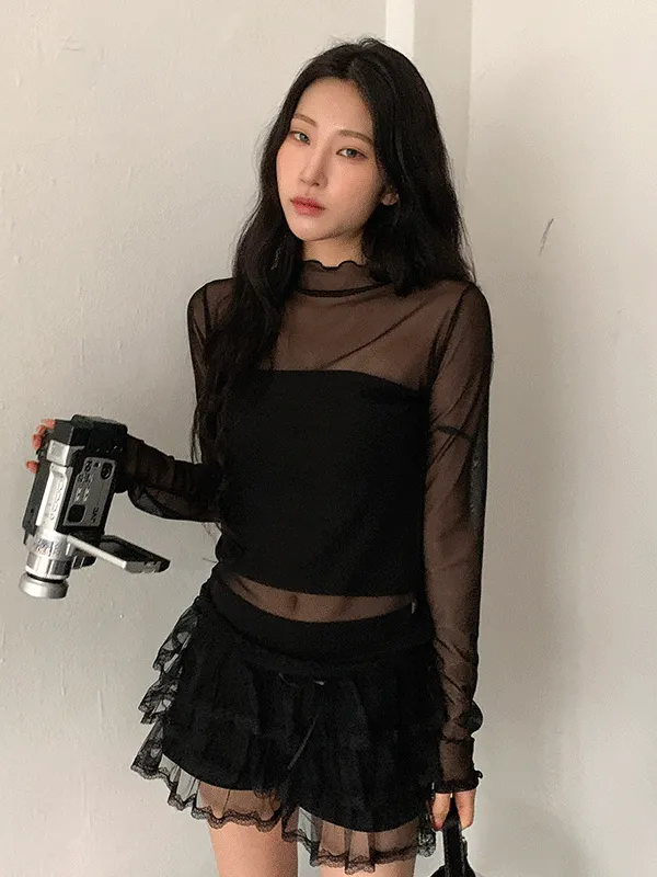 シースルーハーフネックウェーブ長袖Tシャツ | chicblack | 詳細画像1