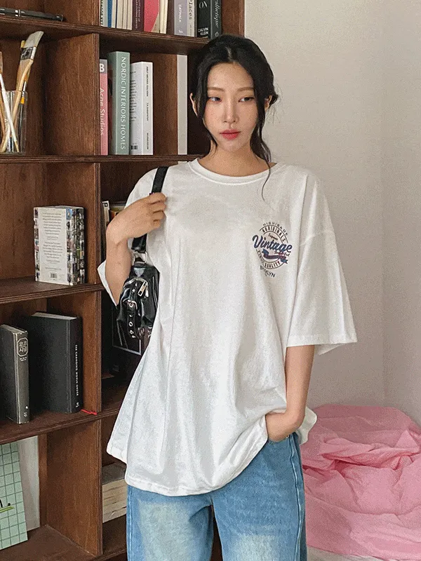 オーバーサイズビンテージ半袖プリントTシャツ | chicblack | 詳細画像1