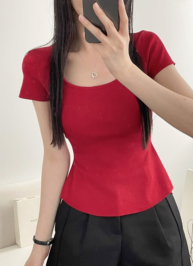 レディース スリム ニットトップス スクエアネック 半袖 (T