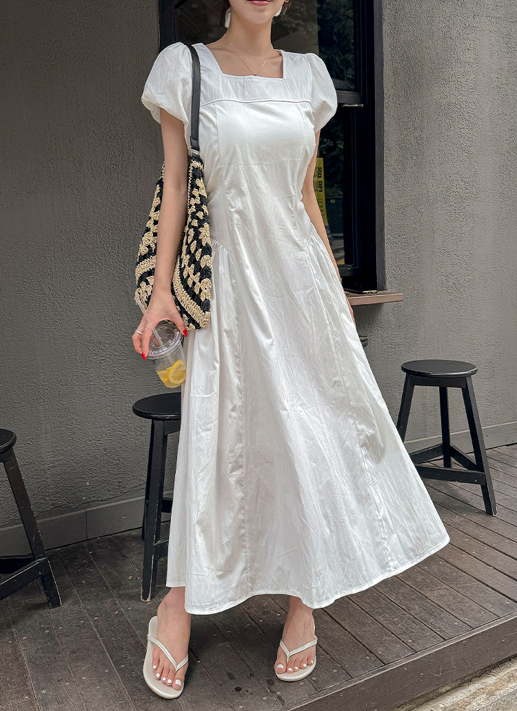 シュシュ付ロングパフスリーブ半袖スクエアネックAライン