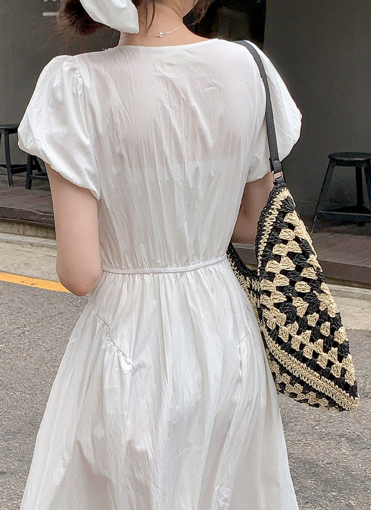 シュシュ付ロングパフスリーブ半袖スクエアネックAラインワンピース