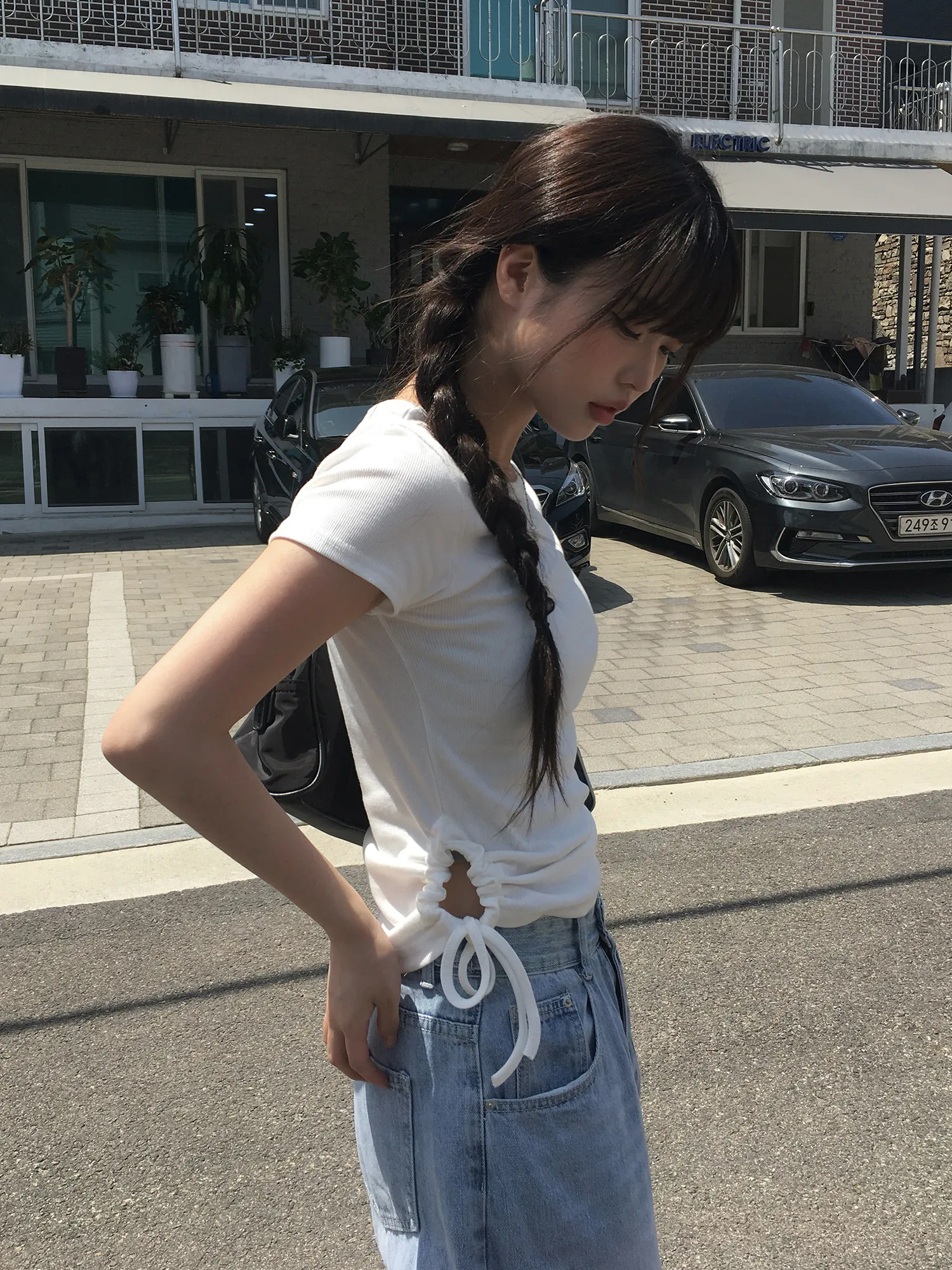 ストレッチドローストリングスリム半袖スリットTシャツ | anyonemore | 詳細画像1