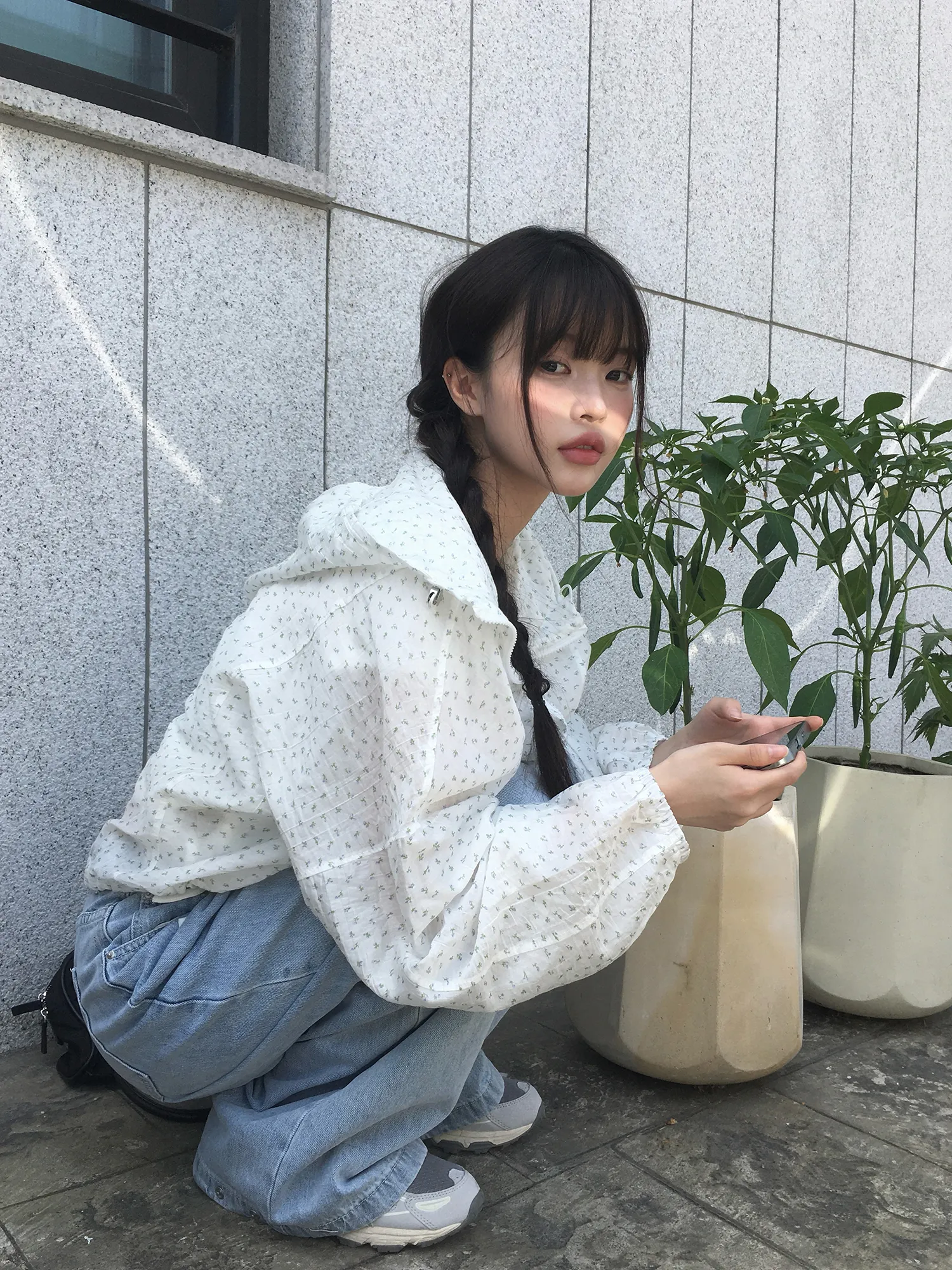 シースルージップアップフードルーズ長袖ドローストリング小花柄ジップパーカー | anyonemore | 詳細画像1