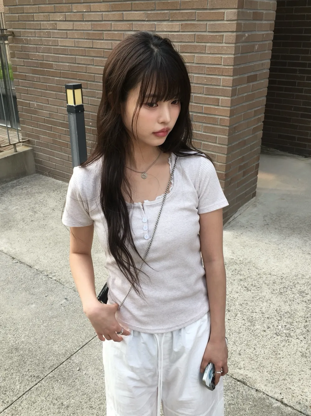 ストレッチボタンスクエアネックスリム半袖レースボーダーTシャツ | anyonemore | 詳細画像1