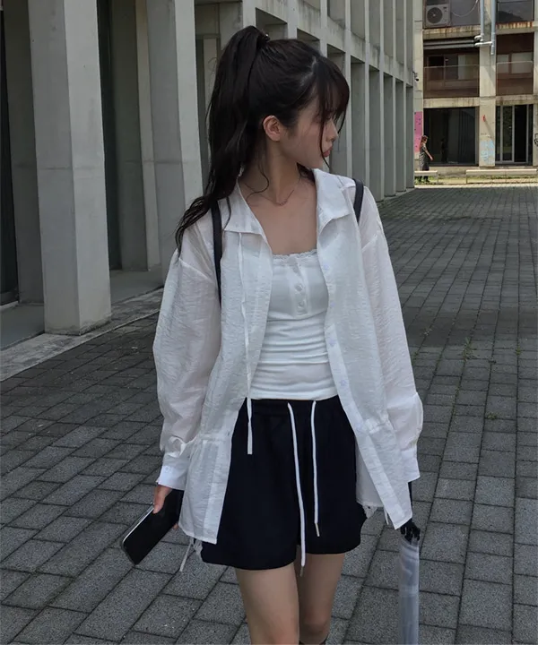 クールソフトオーバーサイズドローストリング長袖シャツ | anyonemore | 詳細画像1