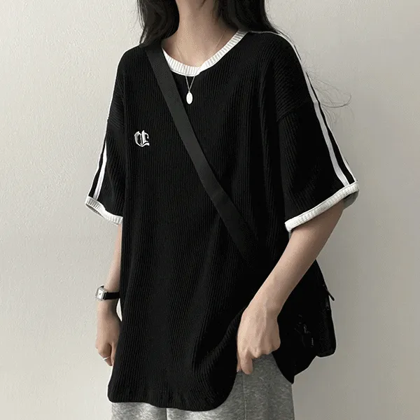 ワッフルラウンドネック半袖ボクシー配色Tシャツ | hijjoo | 詳細画像1