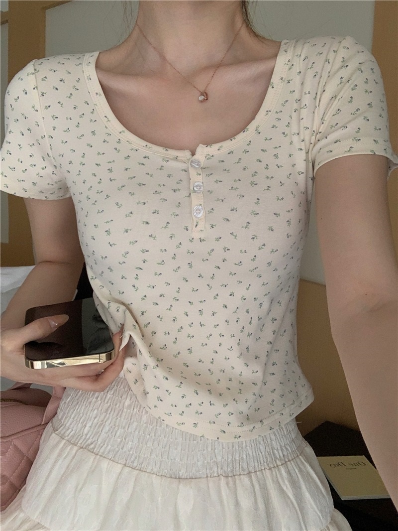 ラウンドネックボタン半袖小花柄Tシャツ | 詳細画像9