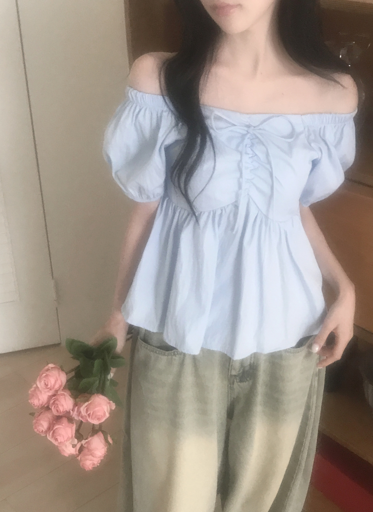 2WAYオフショルダーシャーリングパフスリーブカラーブラウス