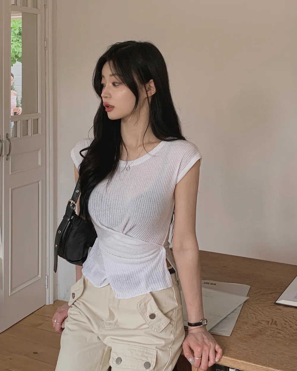 ボタンUネックフレンチスリーブダイアゴナルニット | highclassic | 詳細画像1