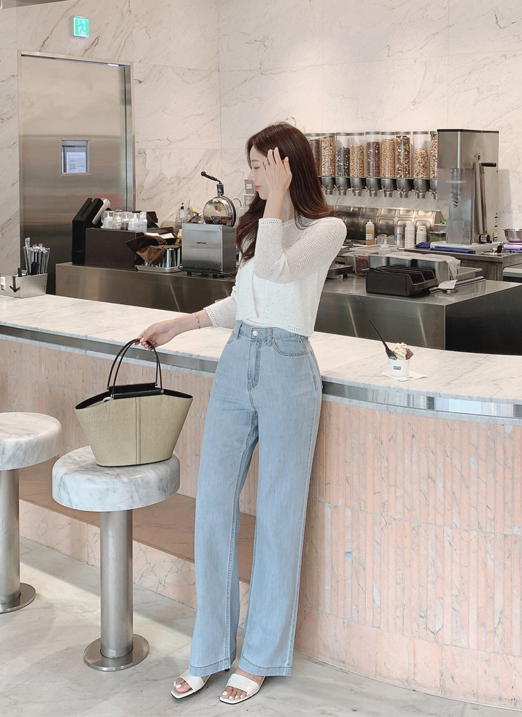 ワイドストレートライトブルーデニムパンツ | レディースファッション